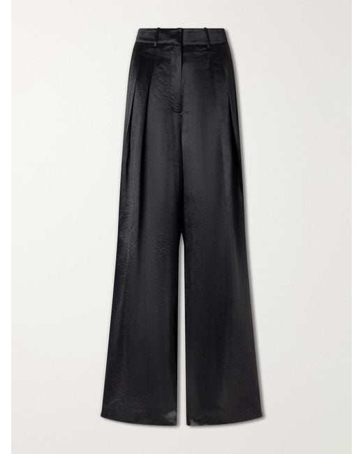 Abadia Black Pleated Satin High-Waist Wide-Leg Pants