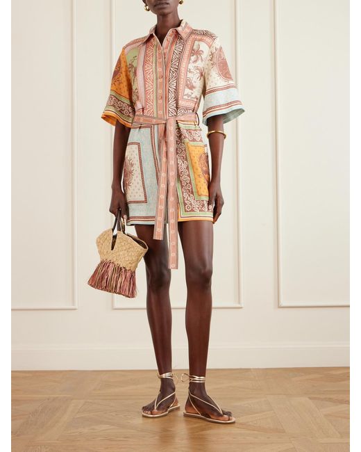 ALÉMAIS White Alberta Belted Printed Linen Mini Shirt Dress
