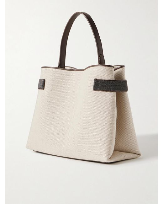 Brunello Cucinelli Natural Schultertasche Aus Leinen-Twill Mit Lederbesätzen Und Zierperlen