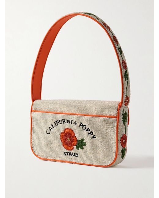 Staud White Tommy Vegan-Trimmed Bead-Embellished Embroidered Satin Shoulder Bag