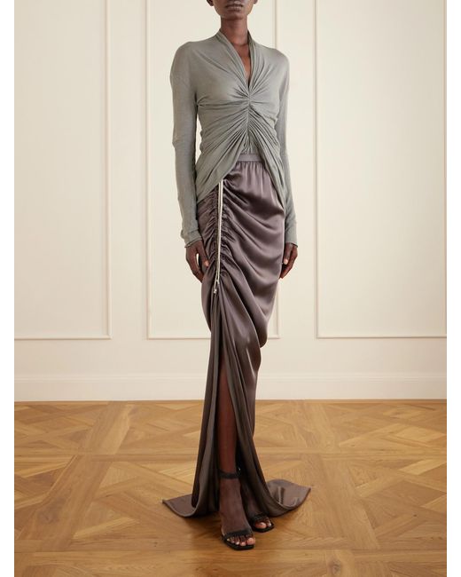 Rick Owens Gray Edfu Gathered Satin Maxi Skirt