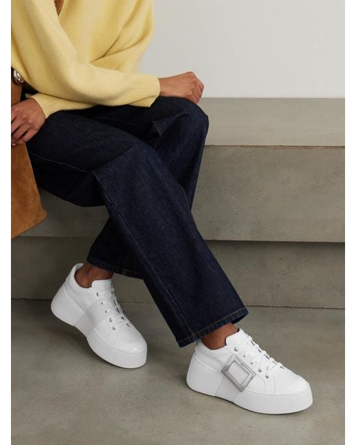 Roger Vivier White Viv' Skate Embellished Leather Sneakers