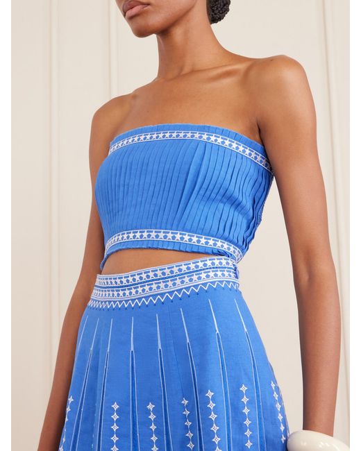 Emporio Sirenuse Blue Flavia Pleated Linen And Cotton-Blend Top