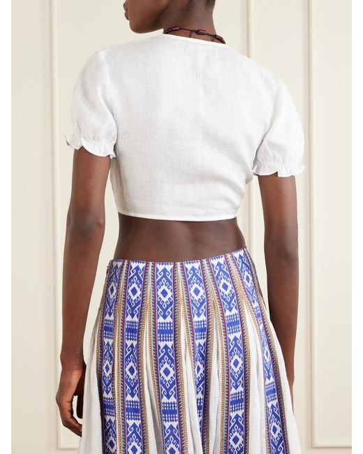 Emporio Sirenuse White Poppy Knotted Linen Cropped Top