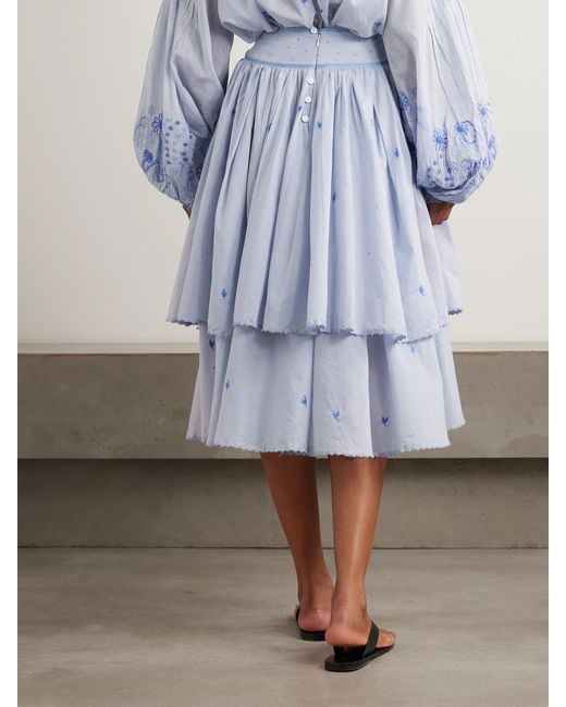Thierry Colson Blue Constance Gathered Tiered Embroidered Cotton-Voile Midi Skirt