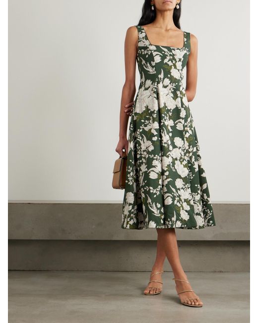 Robe Midi En Popeline De Coton À Imprimé Fleuri Et À Finitions En Picots Pistilo Gardenia Agua Bendita en coloris Green