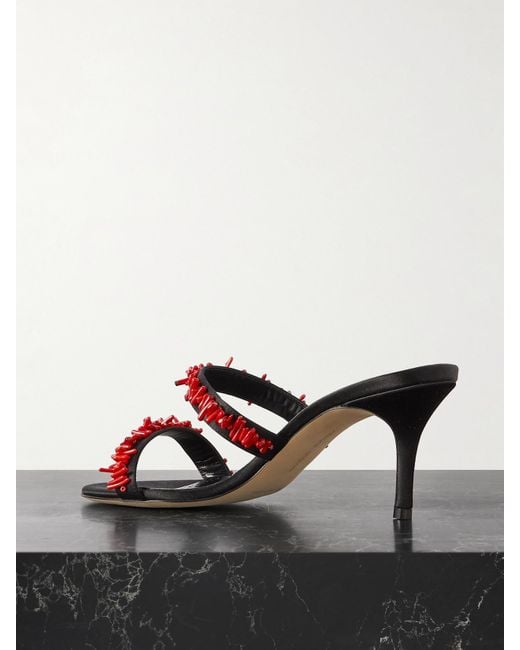 Manolo Blahnik Black Clorettenu 70 Bead-Embellished Satin Sandals