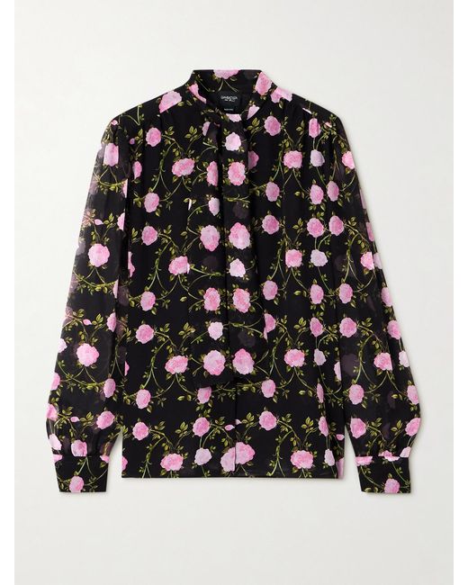 Giambattista Valli Black Pussy-Bow Floral-Print Silk-Chiffon Blouse