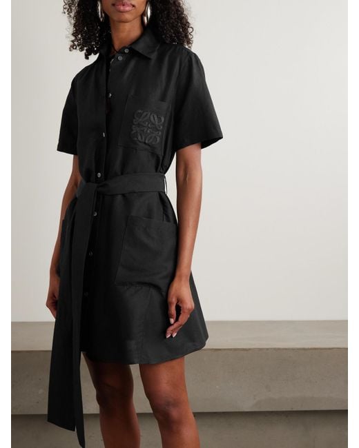 Loewe Black Paula's Ibiza Mini-Hemdblusenkleid Aus Voile Mit Applikation Und Bindegürtel