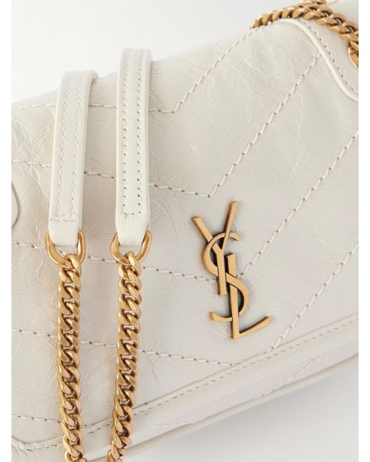 Saint Laurent Natural Niki Mini Cassandre-Embellished Crinkled-Leather Shoulder Bag