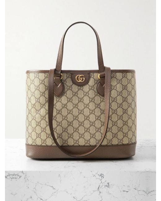 Gucci Natural Ophidia Tess Schultertasche Aus Beschichtetem Canvas Mit Printmuster, Lederbesätzen Und Verzierung