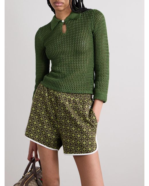 Bode Green Willows Crocheted Cotton Polo Shirt