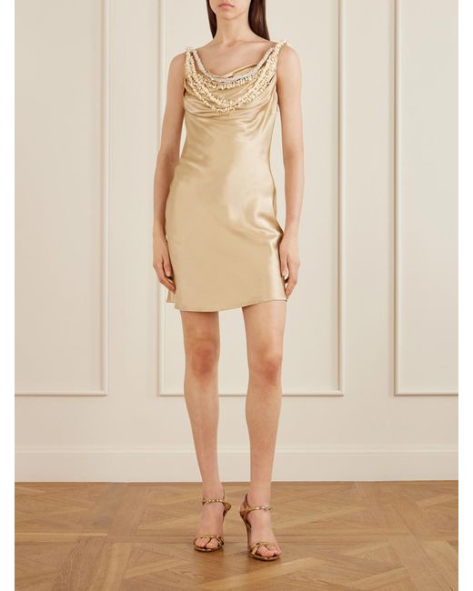 Balmain Natural Embellished Draped Silk-Satin Mini Dress