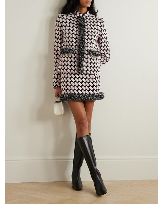 Emilio Pucci Black Printed Fringed Crepe-Trimmed Wool-Blend Tweed Mini Skirt