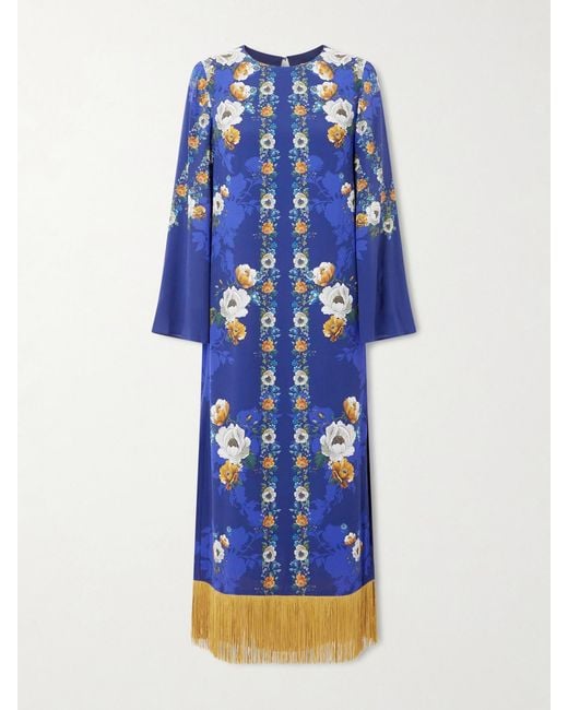 Borgo De Nor Blue Fringed Floral-Print Satin-Crepe Maxi Dress