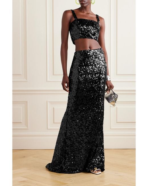 Dolce & Gabbana Black Cropped Sequined Stretch-Tulle Bustier Top