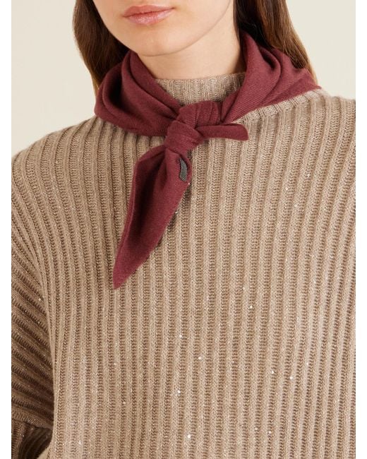 Brunello Cucinelli Red Bead-Embellished Cashmere Scarf