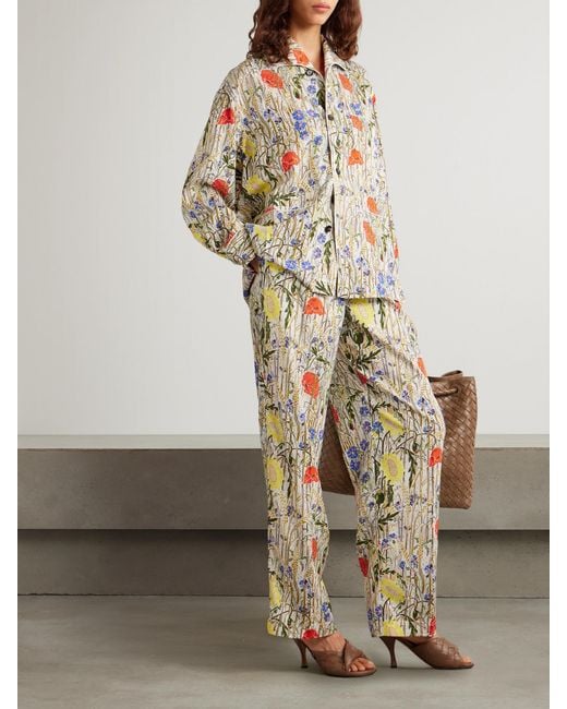 Bottega Veneta White Floral-Print Satin-Twill Shirt And Pants Set