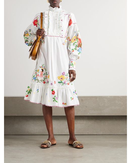 Valentino Garavani White Kleid Aus Einer Mischung Aus Baumwolle, Leinen Und Seide Mit Rüschen Und Stickereien