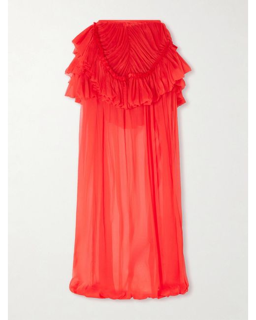 Dries Van Noten Red Shelby Ruffled Silk-Chiffon Maxi Skirt