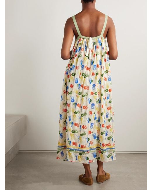 Bode White Gathered Floral-Print Cotton-Voile Maxi Dress