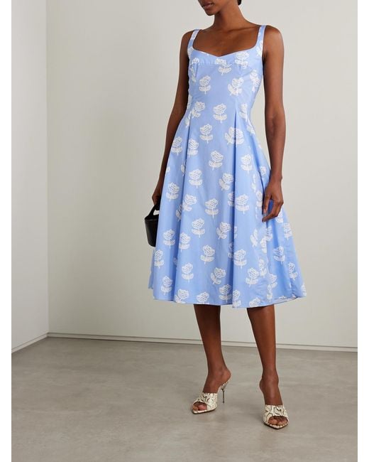 Marni Blue Pleated Floral-Print Cotton-Poplin Midi Dress