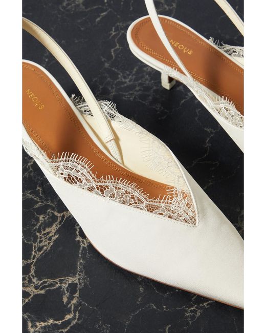 Neous White Irena Lace-Trimmed Crepe De Chine Slingback Pumps