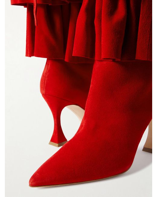 Manolo Blahnik Mifalone 90 Tiered Ruffled Suede Knee Boots