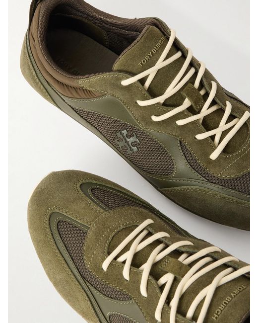 Tory Burch Green Field Shell-Trimmed Mesh, Leather And Suede Sneakers