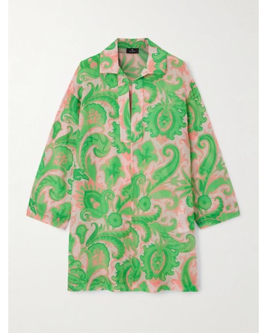 Etro Green Mini-Hemdblusenkleid Aus Einer Bedruckten Baumwoll-Seidenmischung