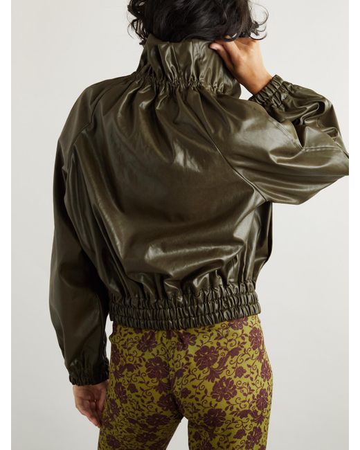 Dries Van Noten Green Verkürzte Bomberjacke Aus Kunstleder Mit Rüsche