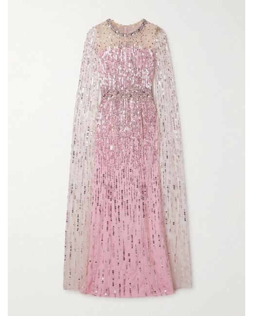 Jenny Packham Pink Cape-Effect Embellished Tulle Gown