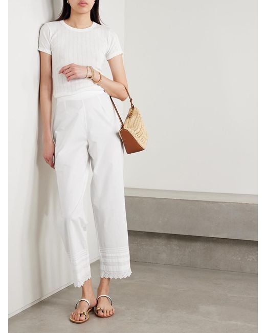Doen White Francisca Broderie Anglaise-Trimmed Pintucked Organic Cotton-Poplin Straight-Leg Pants