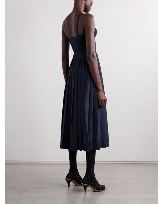 Khaite Blue Elio Pleated Pointelle-Trimmed Wool-Blend Midi Dress