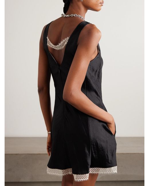 Maria McManus Black Scalloped Lace-Trimmed Hammered-Satin Mini Dress