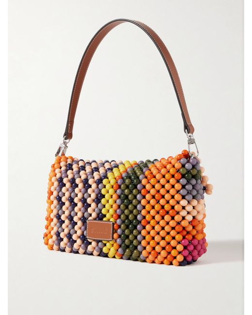 Staud Orange Timmy Schultertasche Aus Mesh Mit Zierperlen Und Lederbesätzen