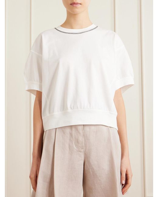Brunello Cucinelli White Bead-Embellished Cotton-Jersey T-Shirt