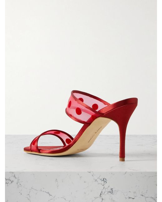 Manolo Blahnik Red Scolobi 90 Satin-Trimmed Flocked Mesh Sandals