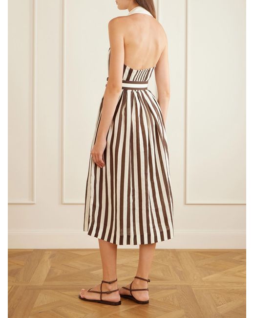 Cara Cara White Quentin Belted Pleated Striped Cotton-Poplin Halterneck Midi Dress