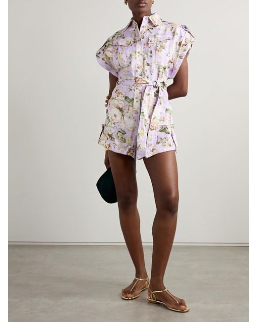 Zimmermann Purple Acacia Playsuit Aus Leinen Mit Blumenprint Und Bindegürtel