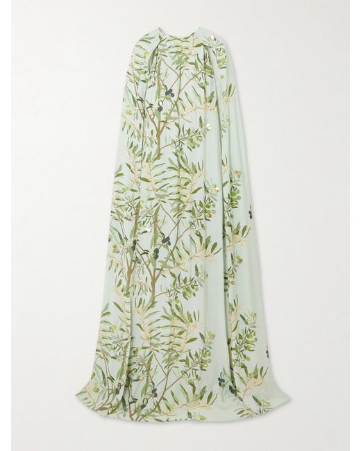 BERNADETTE Green Minnie Cape-Effect Embellished Floral-Print Crepe De Chine Gown