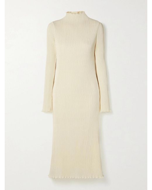 Danielle Frankel Natural Adrienne Open-Back Plissé Stretch-Satin Midi Dress