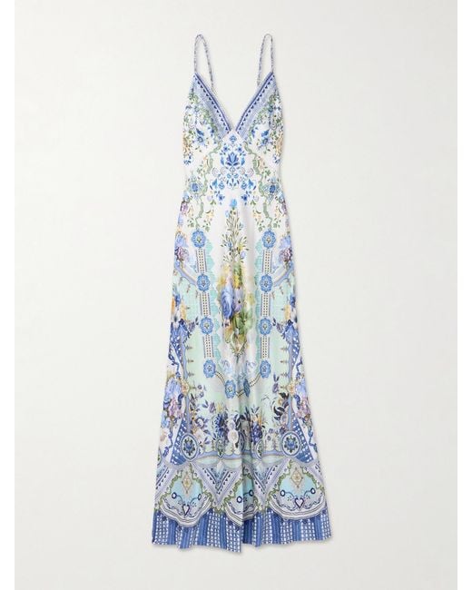 CAMILLA Women's Blue Crystal-Embellished Floral-Print Silk-Satin Maxi Dress CAMILLA Women's Blue Crystal-Embellished Floral-Print Silk-Satin Maxi Dress