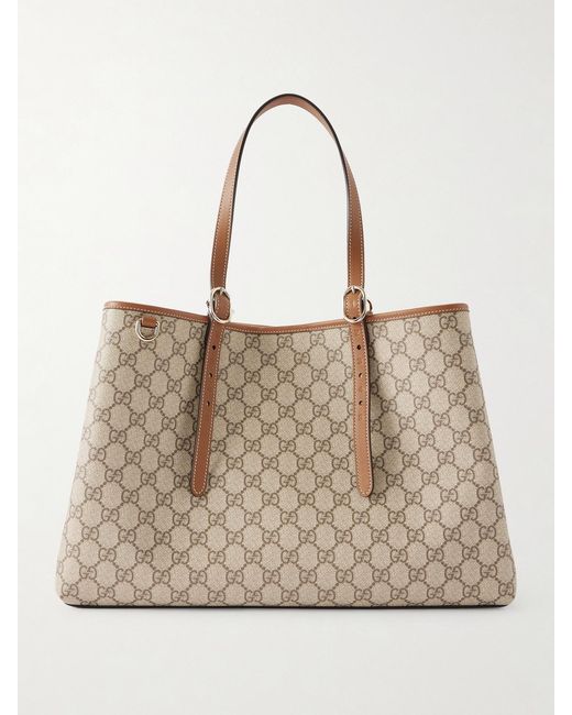 Gucci Natural Gg Emblem Leather-Trimmed Printed Coated-Canvas Tote