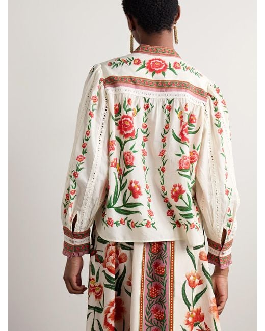 Farm Rio White Broderie Anglaise-Trimmed Floral-Print Cotton-Blend Voile Top