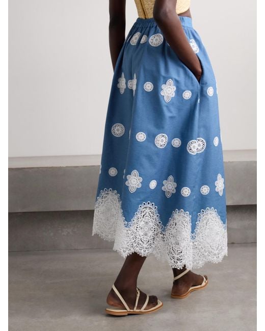 Borgo De Nor Blue Rhea Crocheted Lace-Trimmed Chambray Midi Skirt