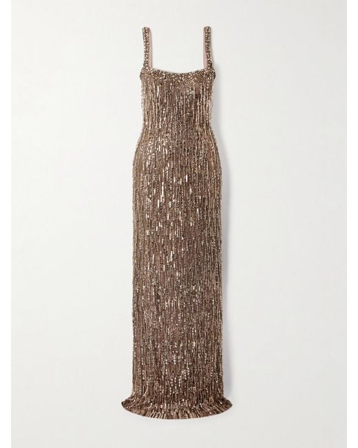 Jenny Packham Natural Fleur Fringed Embellished Tulle Gown