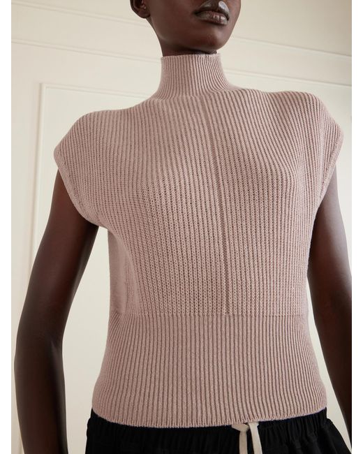Rick Owens Natural Ribbed Wool Turtleneck Top