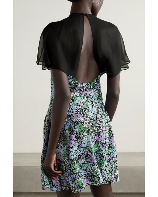 Les Rêveries Green Floral-Print Silk Crepe De Chine And Chiffon Mini Dress