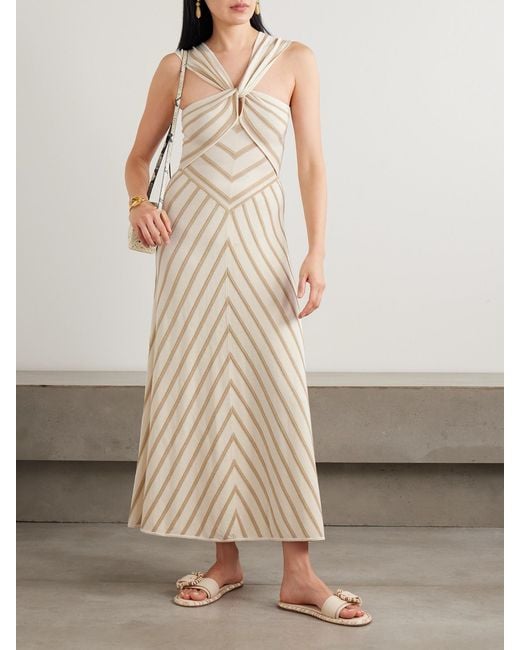 Zimmermann Natural Luna Twisted Striped Metallic Knitted Midi Dress